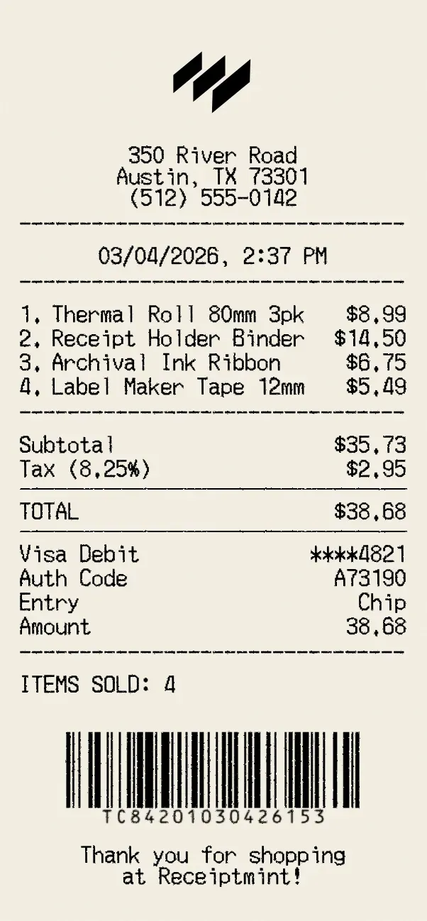 Professional receipt created with Receiptmint free receipt generator